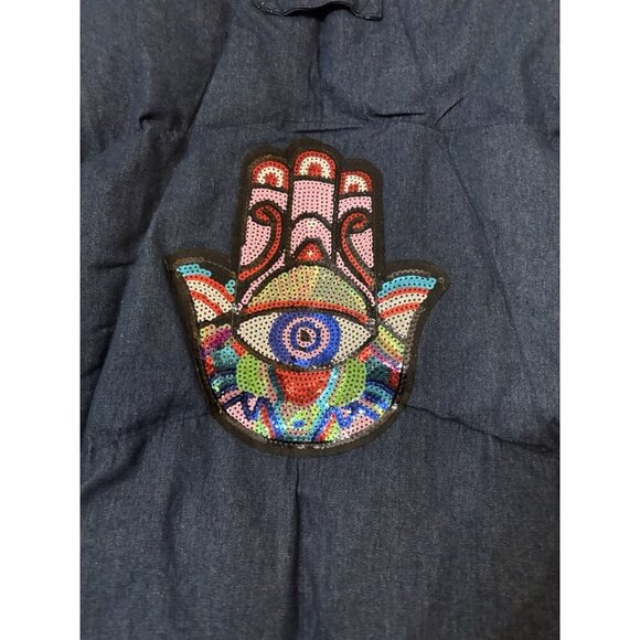 Boohoo Man Oversized Denim Puffer Jacket, Size Medium, Boho Grunge Patch Quilted - Picture 4 of 6